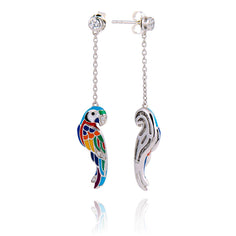boucles d’oreilles colorées avec un oiseau en argent