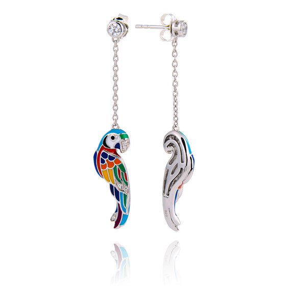boucles d’oreilles colorées avec un oiseau en argent