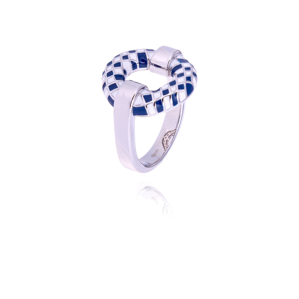 bague argent damier bleu